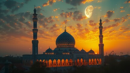 mosque with crescent moon background at afternoon with stars - Powered by Adobe