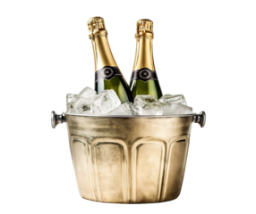 Two champagne bottles chilled in an ice bucket, cut out