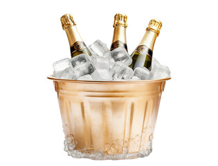 Three champagne bottles chilled in an ice bucket, cut out
