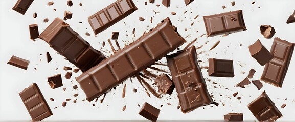 frozen movement of chocolate exploding/ejecting chocolate on a white background.