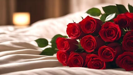 Fototapeta premium A bouquet of red roses on the bed. Romantic background.