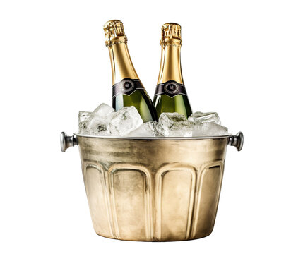 Two champagne bottles chilled in an ice bucket, cut out