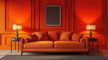 Orange sofa pillows near wooden table lamps with orange walls texture a blank poster frame with grey carpet. Scandinavian Modern living room interior with minimal decoration