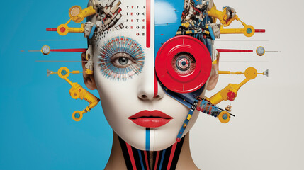 Beautiful Woman art. Abstract art collage portrait of a young woman with tech on her head and hair.
