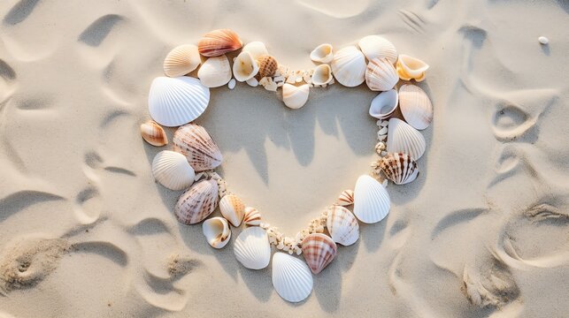 Beach Seashells in shape of a heart. Happy Valentines day concept. AI generated image.