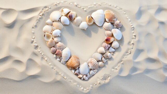 Beach Seashells in shape of a heart. Happy Valentines day concept. AI generated image.