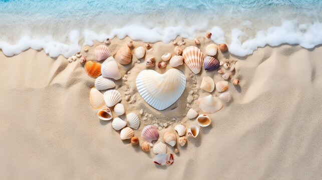 Beach Seashells in shape of a heart. Happy Valentines day concept. AI generated image.