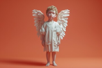 Child in angel costume with wings against a coral background.