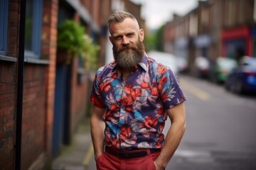 Fototapeta na wymiar Portrait of a handsome mature man with a long beard and mustache in a colorful shirt on the street.