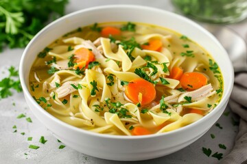 Chicken noodle soup with parsley and vegetables on a white plate against a gray background