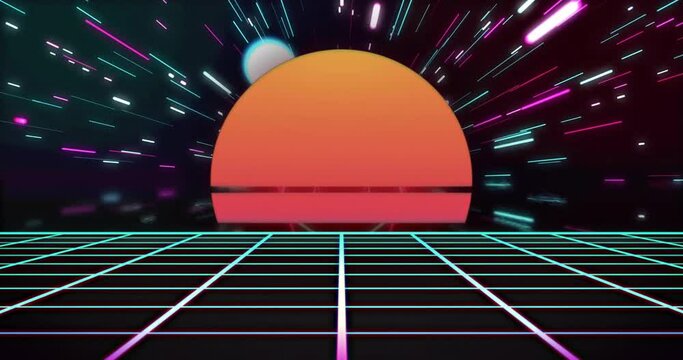 Animation of video game screen with neon metaverse patten on black background