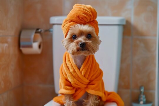 Surprised puppy in a dog friendly hotel toilet wearing a bathrobe turban and looking at the camera Toilet training a small dog