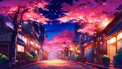 Night city street with pink cherry blossom trees. - obrazy, fototapety, plakaty