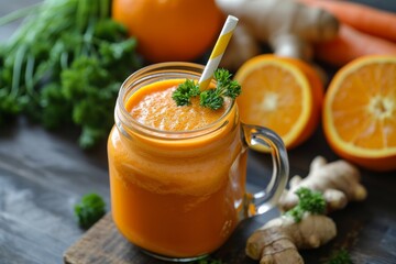 Healthy eating concept shown by a mug of carrot smoothie with garnishes on a wooden table