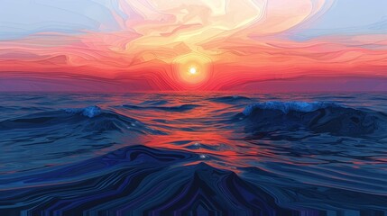
sunset painting with the ocean on the coast illustration generative Ai
