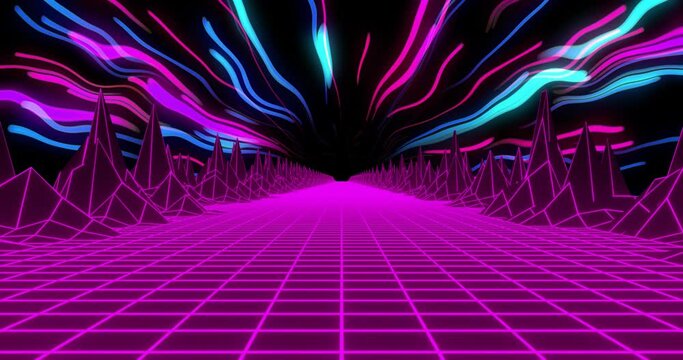 Animation of video game screen with neon metaverse patten on black background