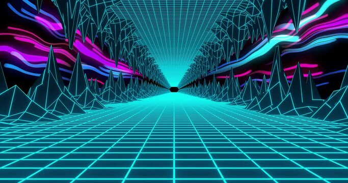 Animation of video game screen with neon metaverse patten on black background