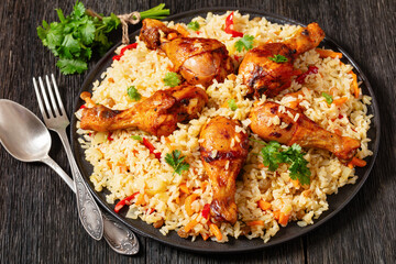 fried chicken drumsticks over rice pilaf, top view