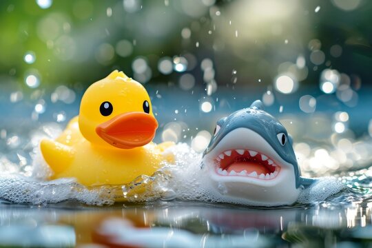 Bathtime toys for children that resemble ducks and sharks