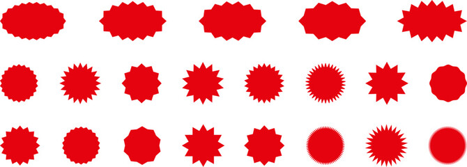 Starburst red sticker set - collection of special offer sale oval and round shaped sunburst labels and badges. Red starburst, sunburst, stamp, seal, label or burst, badge, sticker. Vector.