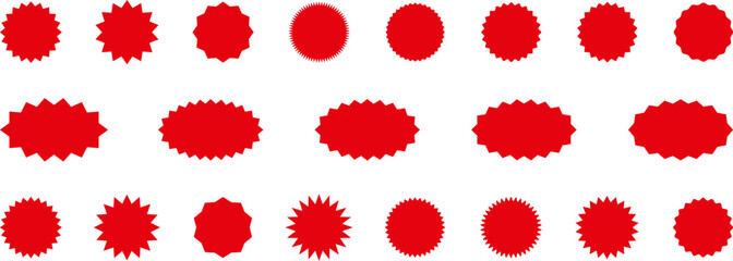 Starburst red sticker set - collection of special offer sale oval and round shaped sunburst labels and badges. Red starburst, sunburst, stamp, seal, label or burst, badge, sticker. Vector.