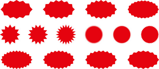 Starburst red sticker set - collection of special offer sale oval and round shaped sunburst labels and badges. Red starburst, sunburst, stamp, seal, label or burst, badge, sticker. Vector. - obrazy, fototapety, plakaty