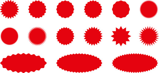 Starburst red sticker set - collection of special offer sale oval and round shaped sunburst labels and badges. Red starburst, sunburst, stamp, seal, label or burst, badge, sticker. Vector.