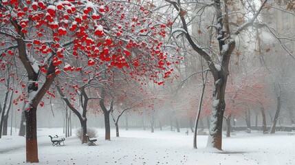 Winter city park at snowfall with red wild apple trees