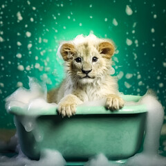 A delightful lion cub enjoys a bubbly bath