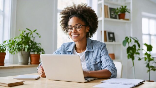 Black Woman Using Laptop Computer. Distance Learning Online Education And Work In White Room. Smiling Happy Attractive African American Girl Working Office Work Remotely From Home. 