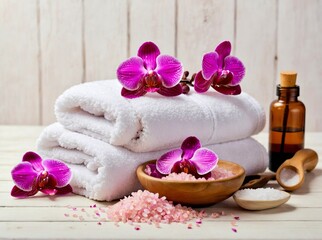 Aroma oil, Pink spa sea salt, white towel and purple orchid on white wooden background. Spa cosmetic and beauty treatment concept. 
