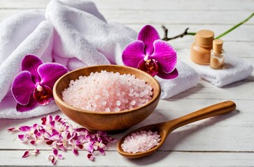 Pink spa sea salt, aroma oil, white towel and purple orchid on white wooden background. Spa cosmetic and beauty treatment concept. 