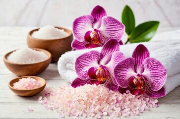 Pink spa sea salt, white towel and purple orchid on white wooden background. Spa cosmetic and beauty treatment concept. 