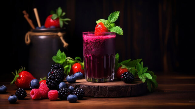 Modern image of a fresh dark berry juice, prepared from strawberry, blueberry, pomegranate and apple. Generative AI