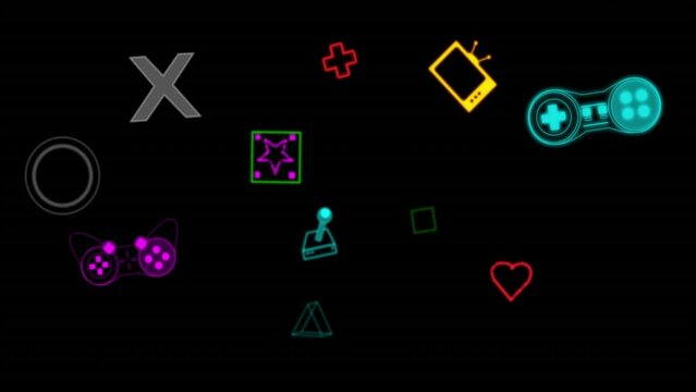 Animation of neon video game icons on black background