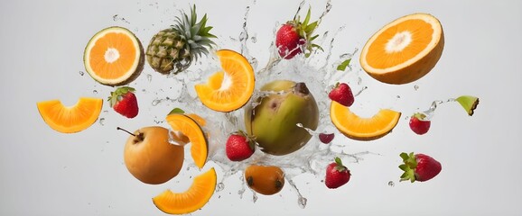 frozen movement of tropical fruits exploding/throwing out tropical fruits on a white background.