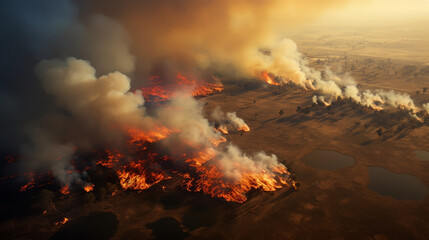 Fototapeta premium Dry grass burns on meadow in countryside at sunset. Wild fire burning dry grass in field. Orange flames and billowing smoke. Open fire.