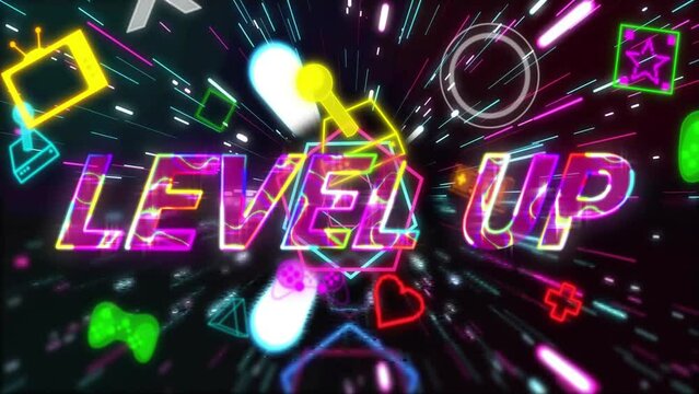 Animation of level up text over neon video game icons on black background