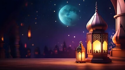 Lanterns with glowing light on outdoor, moon, Ramadan