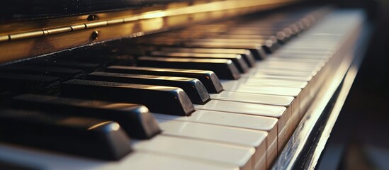 A close up of a piano keyboard in a dark room, showcasing the musical instrument and its keys.