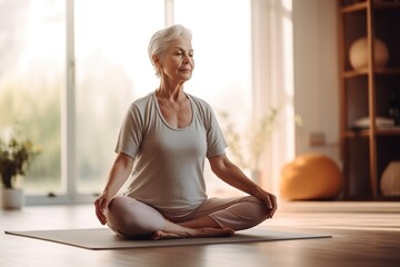 Full-length view of an elderly woman, 60 years old practicing yoga in the lotus position. A mature yoga teacher finds time for herself at home. Meditation and relaxation. - Powered by Adobe