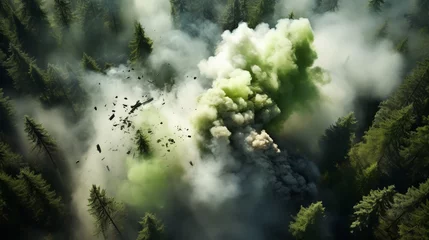 Deurstickers Smoke from fire burning in the forest with green trees. Nature landscape background in air pollution and environment concept. Global warming © alexkich