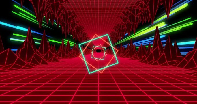 Animation of video game screen with neon metaverse patten on black background
