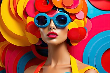 Fashion Portrait of Woman with Colorful Abstract Hairstyle and Sunglasses