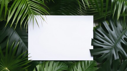 Blank white letter paper mockup surrounded with palm leaves . AI generated image.