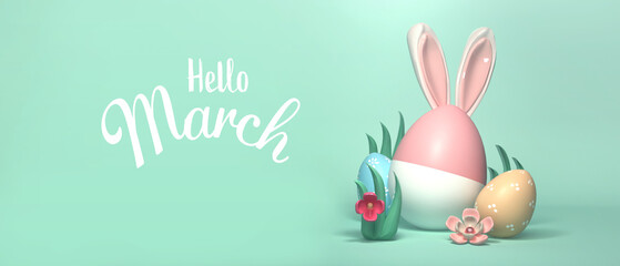 Hello March message with colorful Easter eggs and rabbit ears - obrazy, fototapety, plakaty