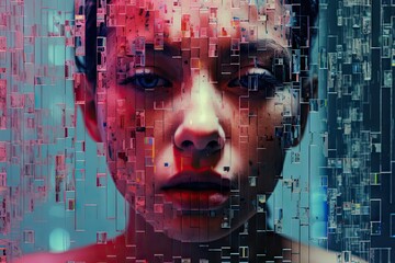 Digital Disintegration of a Human Portrait in a Matrix of Glitch Art Pixels