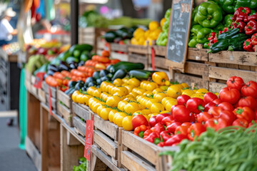Fototapeta na wymiar Fresh organic vegetables on display at local farmer's market. Healthy food and lifestyle.