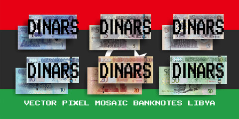Vector set of pixel mosaic banknotes of Libya. Collection of notes in denominations of 1, 5, 10, 20 and 50 dinars. Obverse and reverse. Play money or flyers. - obrazy, fototapety, plakaty