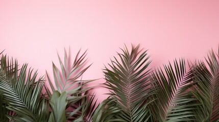 Pink background with tropical palms leaves with empty space for text. AI generated image.